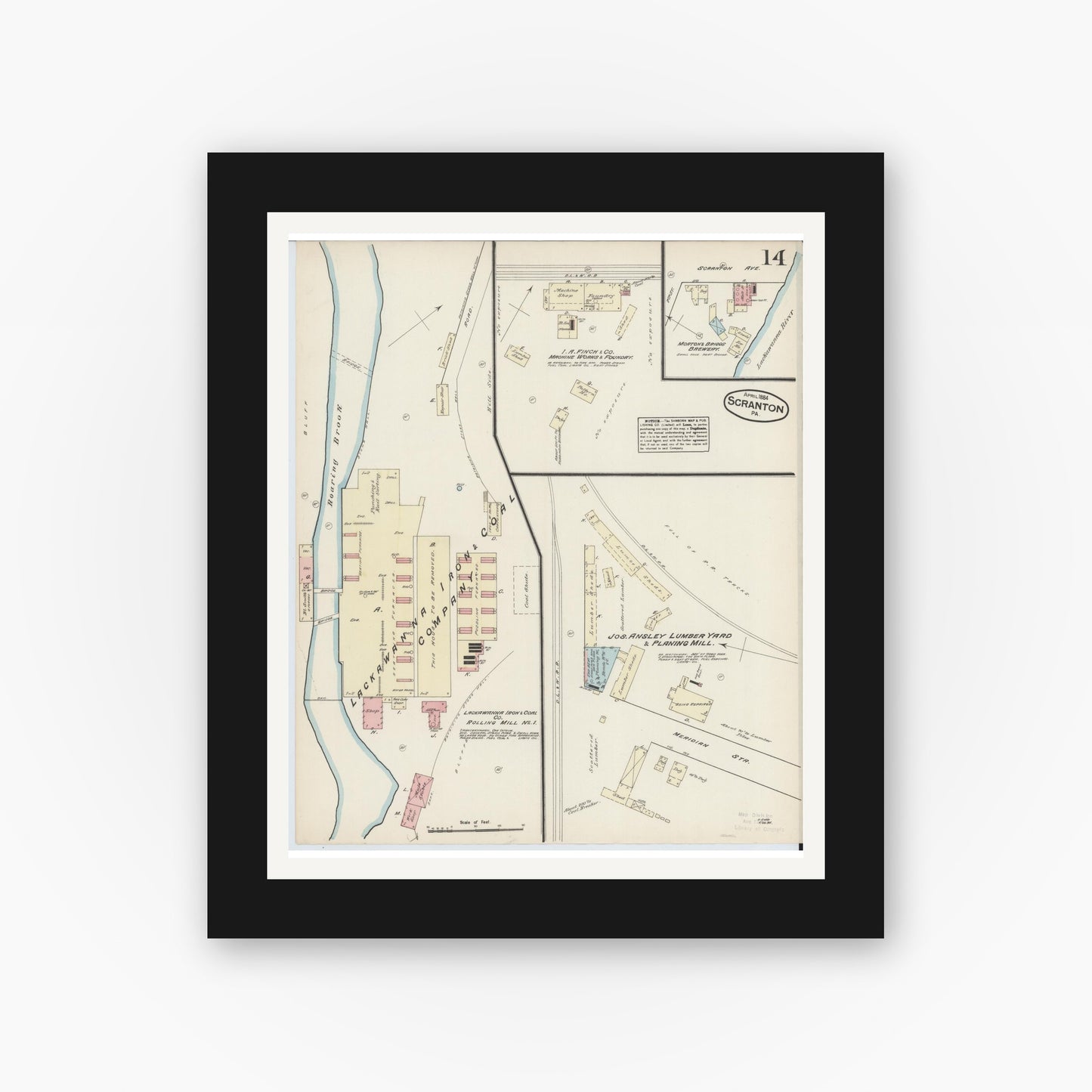 Old map wall art mockup — black gallery frame with white mat — Sanborn Fire Insurance Map from Scranton, Lackawanna County, Pennsylvania (1884), Sheet #0014