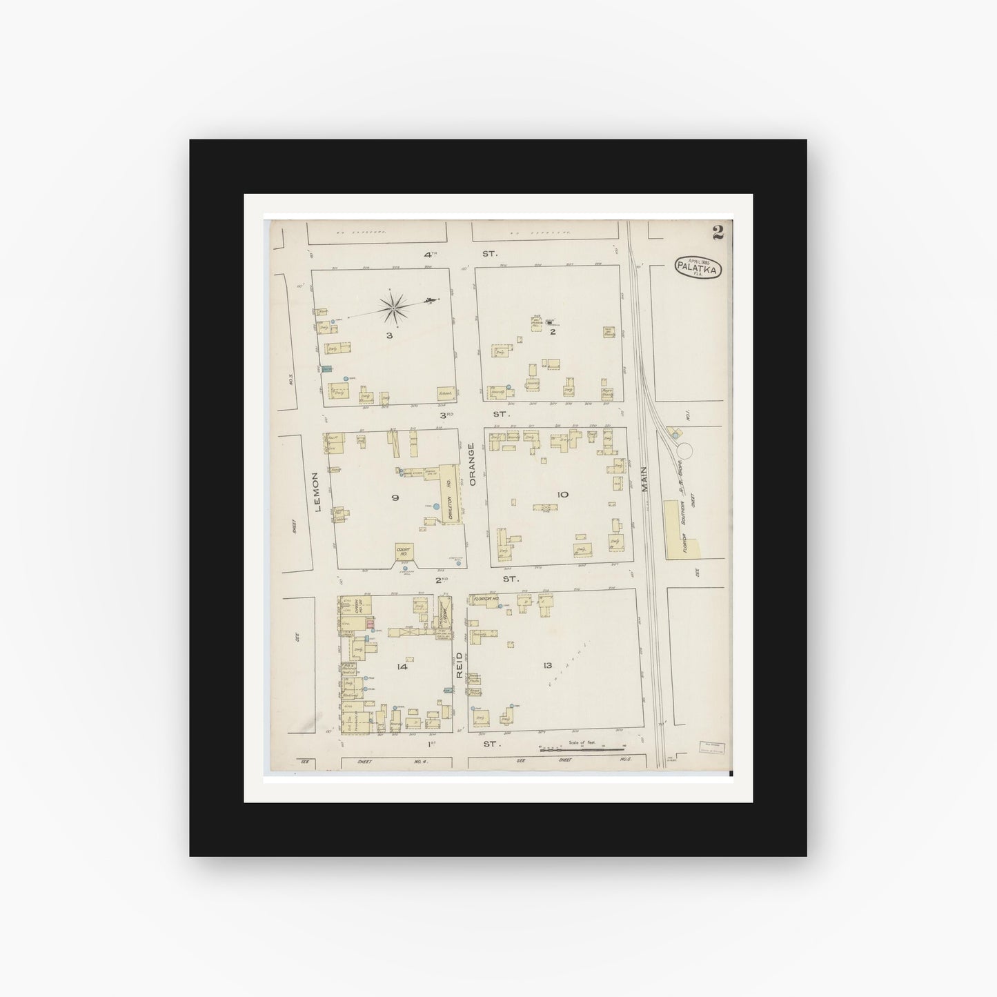 Old map wall art mockup — black gallery frame with white mat — Sanborn Fire Insurance Map from Palatka, Putnam County, Florida (1885), Sheet #0002