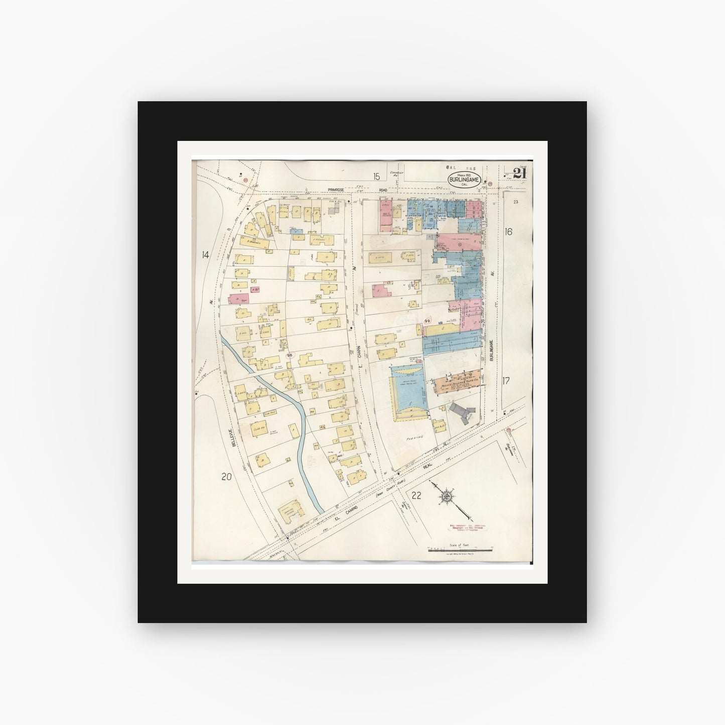 Old map wall art mockup — black gallery frame with white mat — Sanborn Fire Insurance Map from Burlingame, San Mateo County, California (1949), Sheet #0021