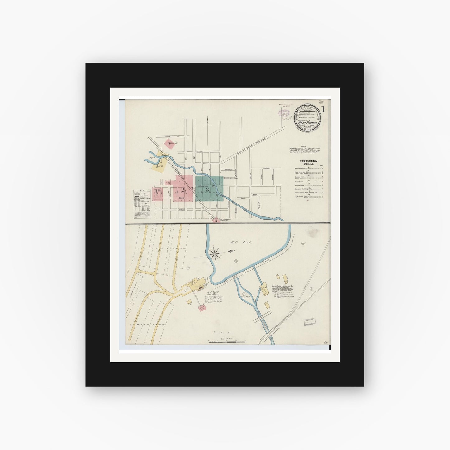Old map wall art mockup — black gallery frame with white mat — Sanborn Fire Insurance Map from West Branch, Ogemaw County, Michigan (1893) - Complete Map Set