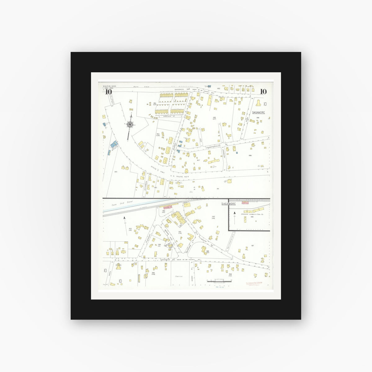 Old map wall art mockup — black gallery frame with white mat — Sanborn Fire Insurance Map from Bourne, Barnstable County, Massachusetts (1941), Sheet #0010