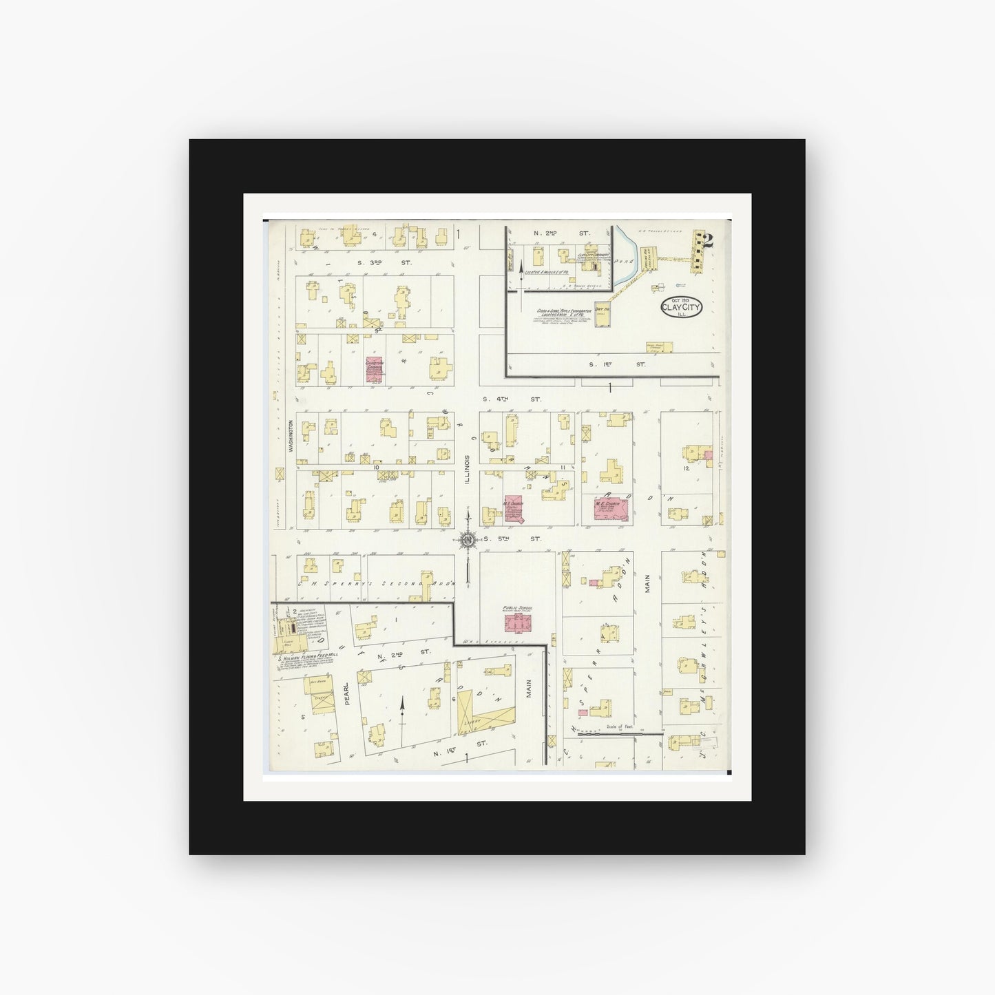 Old map wall art mockup — black gallery frame with white mat — Sanborn Fire Insurance Map from Clay City, Clay County, Illinois (1913), Sheet #0002