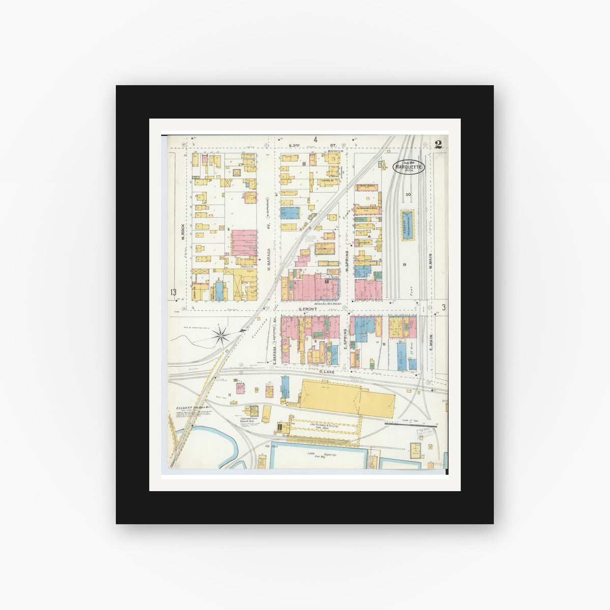 Old map wall art mockup — black gallery frame with white mat — Sanborn Fire Insurance Map from Marquette, Marquette County, Michigan (1904), Sheet #0002