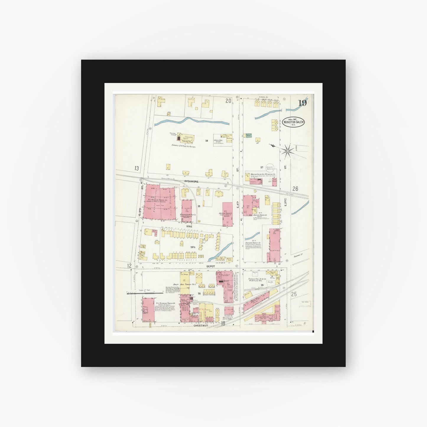 Old map wall art mockup — black gallery frame with white mat — Sanborn Fire Insurance Map from Winston-Salem, Forsyth County, North Carolina (1907), Sheet #0019