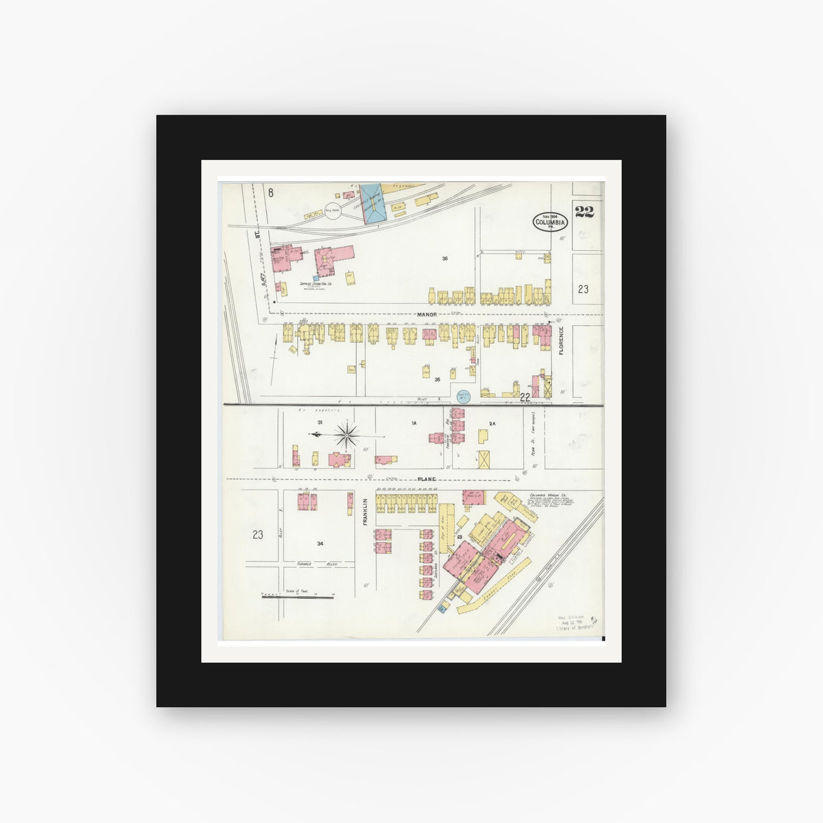 Old map wall art mockup β black gallery frame with white mat β Sanborn Fire Insurance Map from Columbia, Lancaster County, Pennsylvania (1904), Sheet #0022