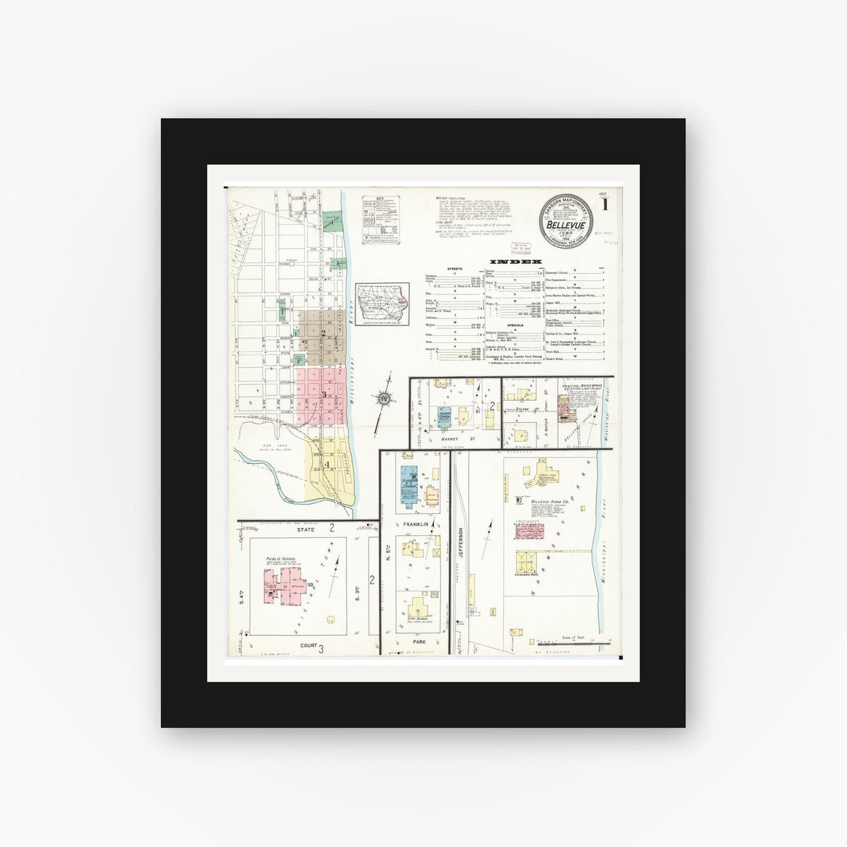 Old map wall art mockup — black gallery frame with white mat — Sanborn Fire Insurance Map from Bellevue, Jackson County, Iowa (1914) — Complete Set