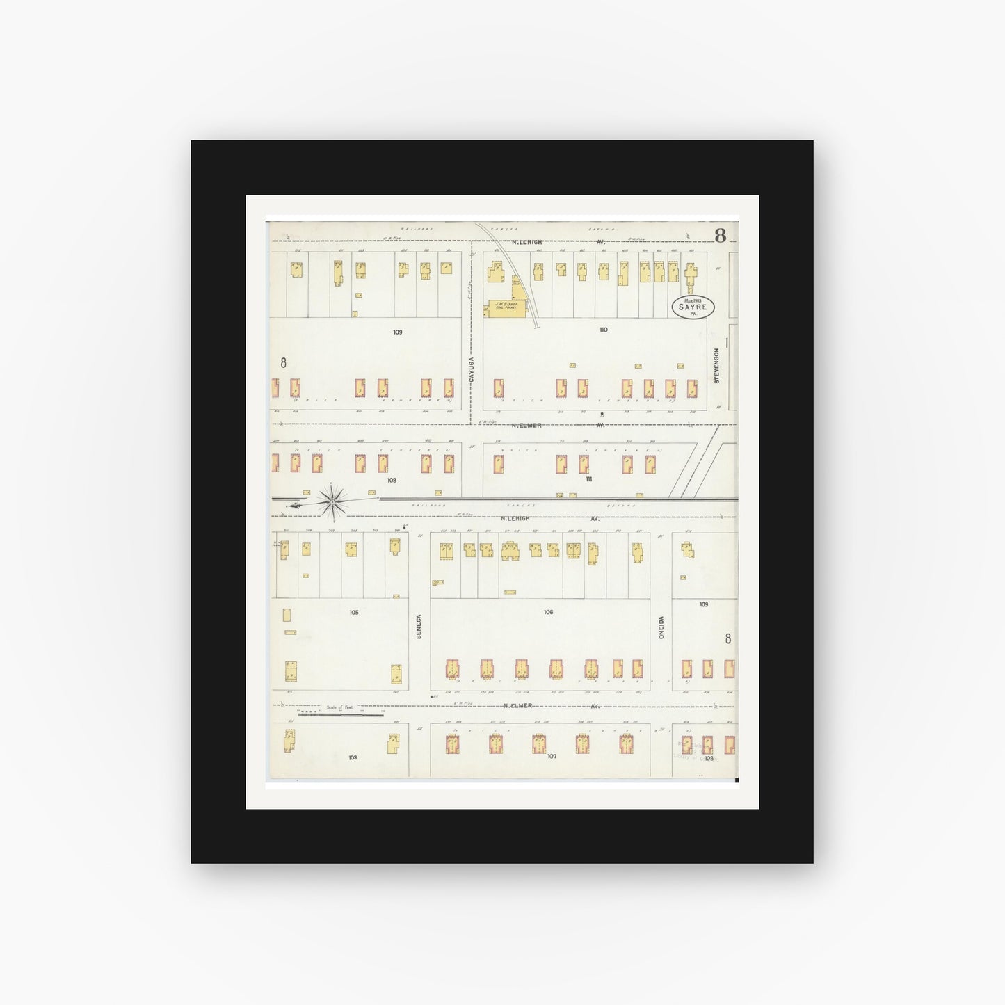 Old map wall art mockup — black gallery frame with white mat — Sanborn Fire Insurance Map from Sayre, Bradford County, Pennsylvania (1903), Sheet #0008