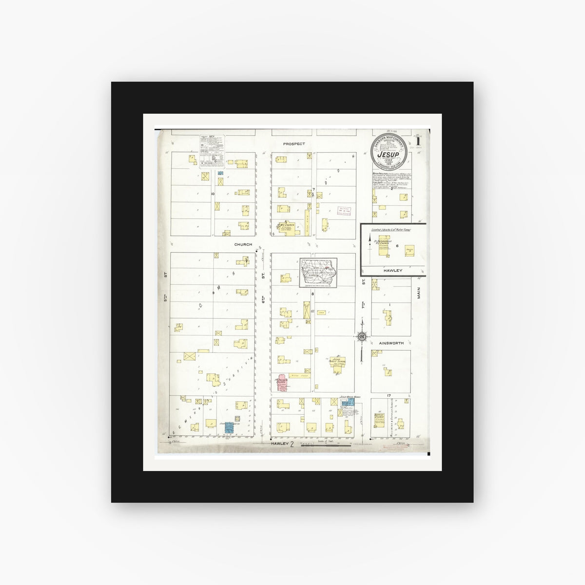 Old map wall art mockup — black gallery frame with white mat — Sanborn Fire Insurance Map from Jesup, Buchanan County, Iowa (1915) — Complete Set
