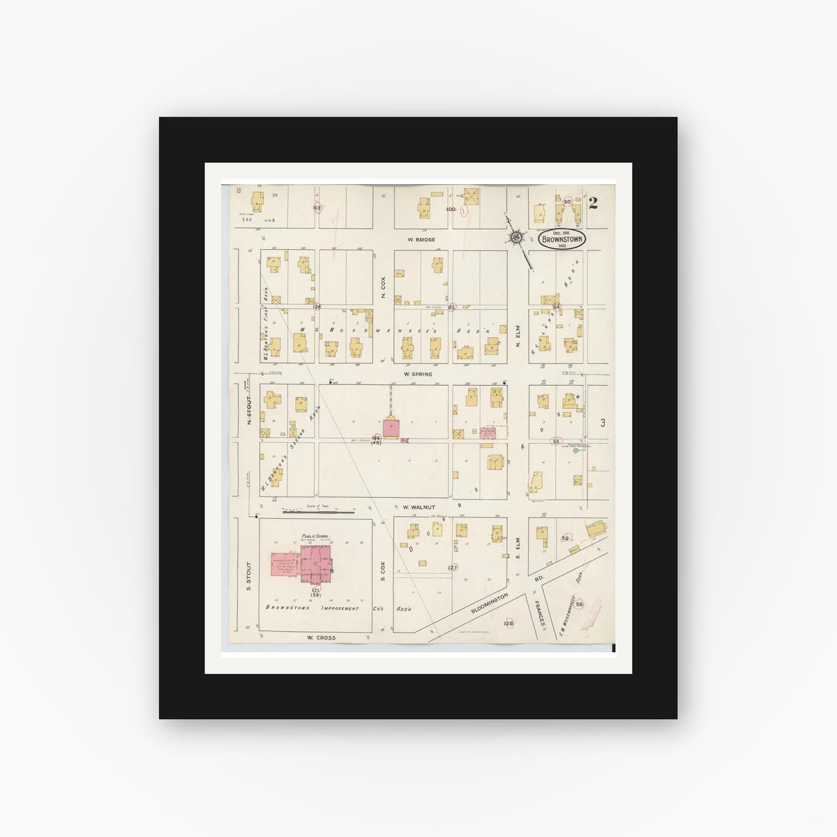 Old map wall art mockup — black gallery frame with white mat — Sanborn Fire Insurance Map from Brownstown, Jackson County, Indiana (1933), Sheet #0002