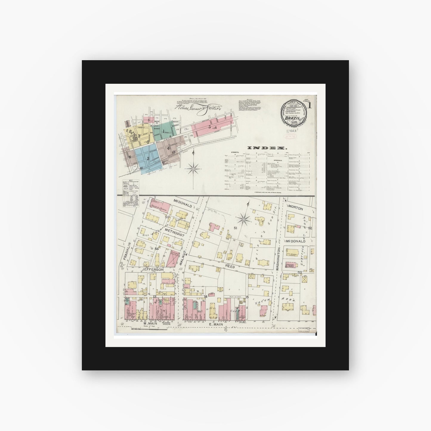 Old map wall art mockup — black gallery frame with white mat — Sanborn Fire Insurance Map from Brazil, Clay County, Indiana (1892) - Complete Map Set