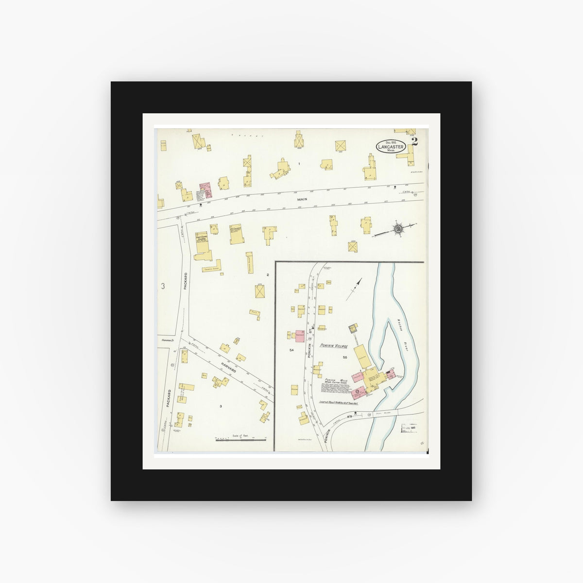 Old map wall art mockup — black gallery frame with white mat — Sanborn Fire Insurance Map from Lancaster, Worcester County, Massachusetts (1910), Sheet #0002