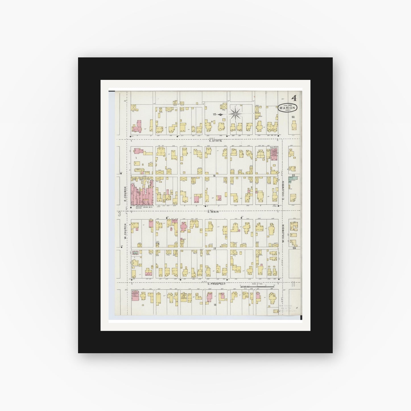 Old map wall art mockup — black gallery frame with white mat — Sanborn Fire Insurance Map from Marion, Marion County, Ohio (1895), Sheet #0004