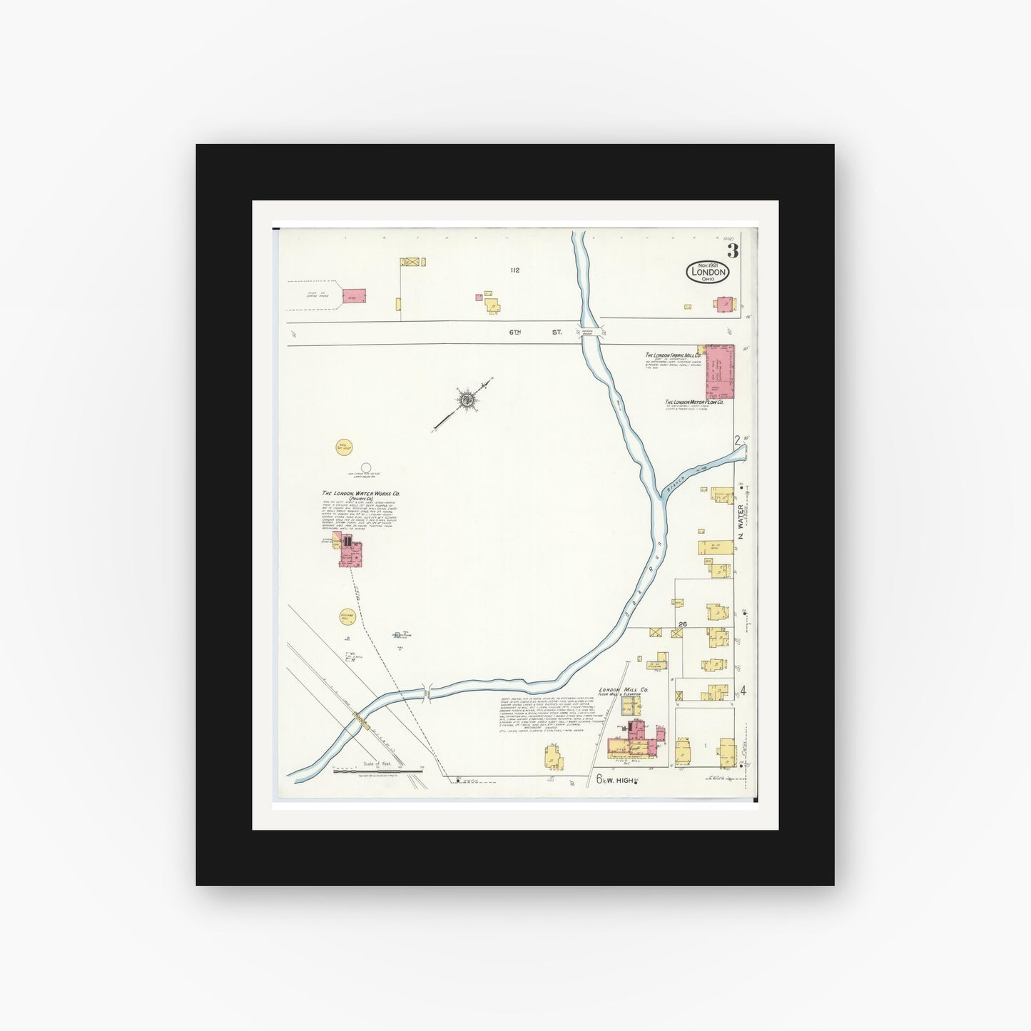 Old map wall art mockup — black gallery frame with white mat — Sanborn Fire Insurance Map from London, Madison County, Ohio (1921), Sheet #0003