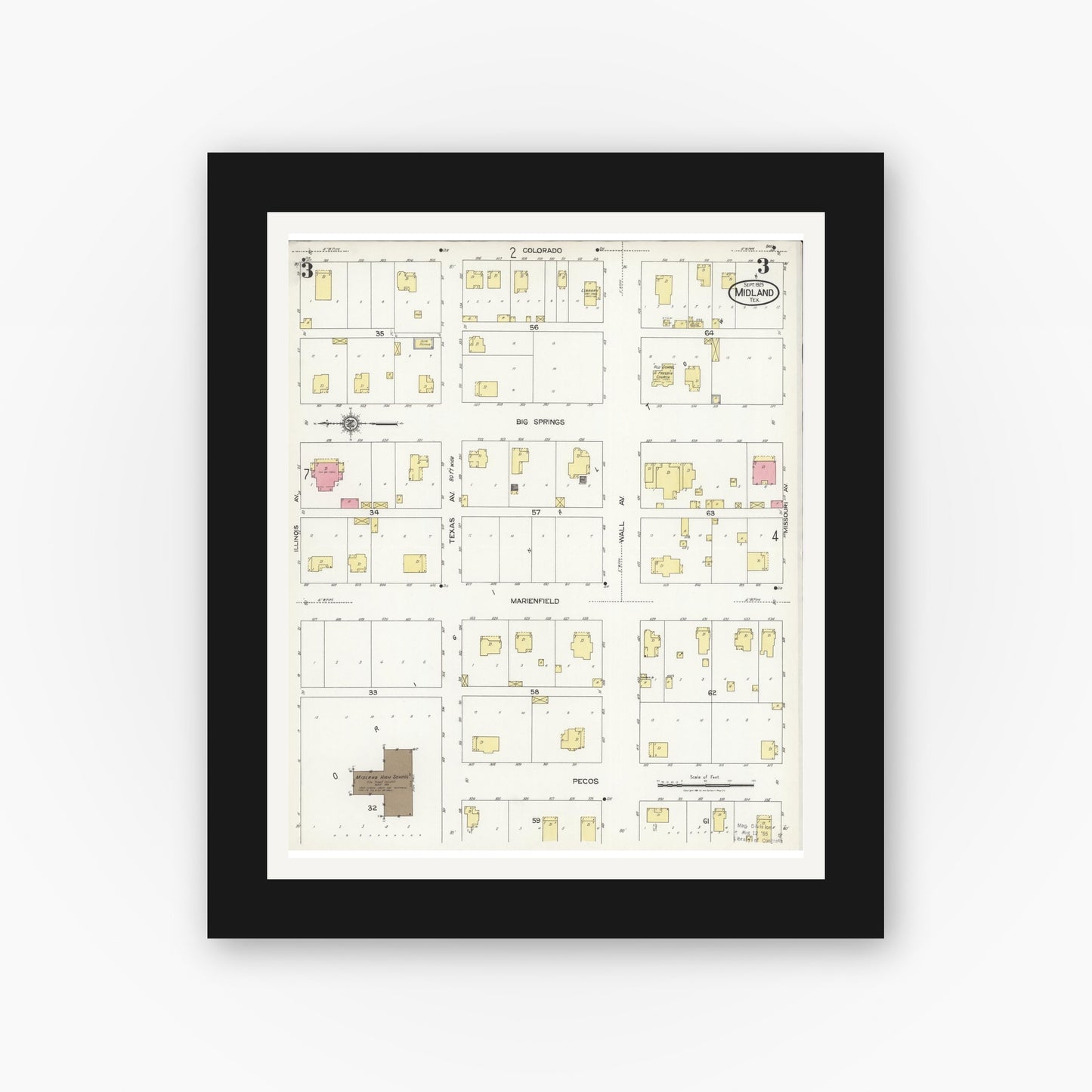 Old map wall art mockup — black gallery frame with white mat — Sanborn Fire Insurance Map from Midland, Midland County, Texas (1925), Sheet #0003
