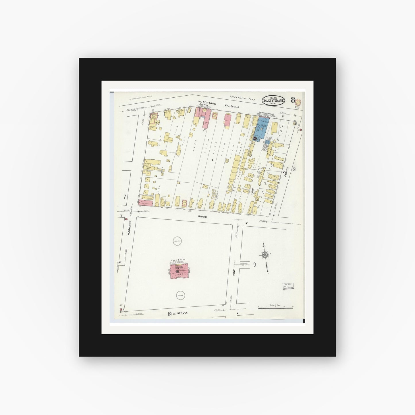 Old map wall art mockup — black gallery frame with white mat — Sanborn Fire Insurance Map from Sault Sainte Marie, Chippewa County, Michigan (1915), Sheet #0008