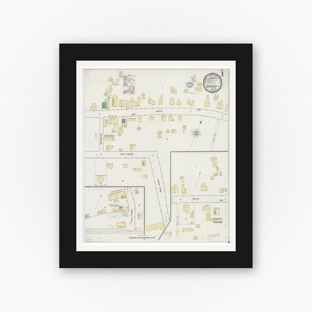 Old map wall art mockup — black gallery frame with white mat — Sanborn Fire Insurance Map from Smyrna, Chenango County, New York (1894) - Complete Map Set