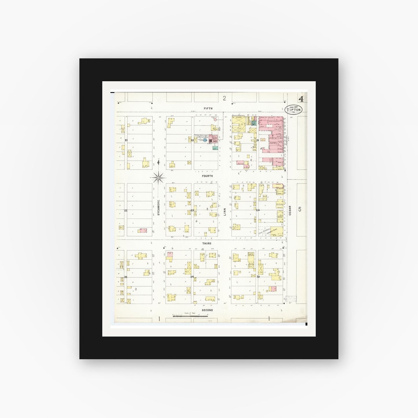Old map wall art mockup β black gallery frame with white mat β Sanborn Fire Insurance Map from Tipton, Cedar County, Iowa (1897), Sheet #0004