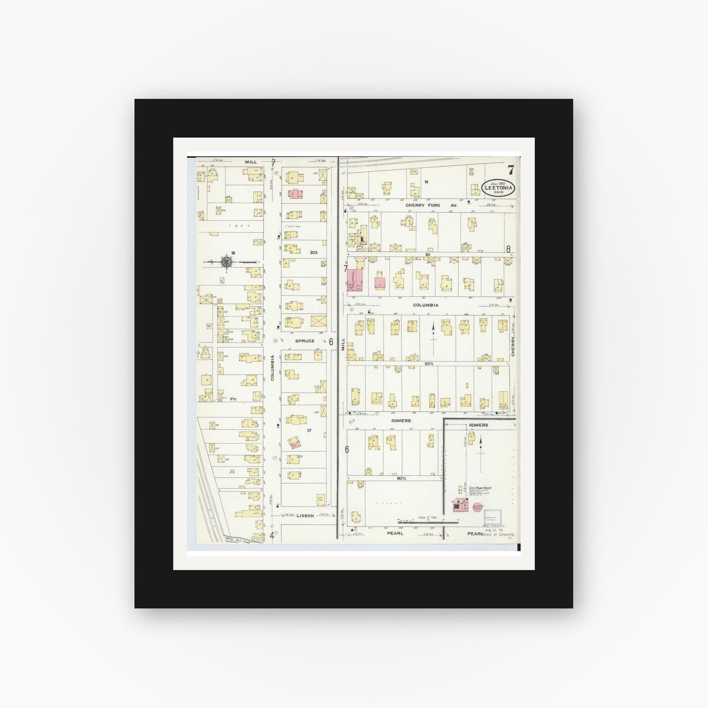Old map wall art mockup — black gallery frame with white mat — Sanborn Fire Insurance Map from Leetonia, Columbiana County, Ohio (1910), Sheet #0007