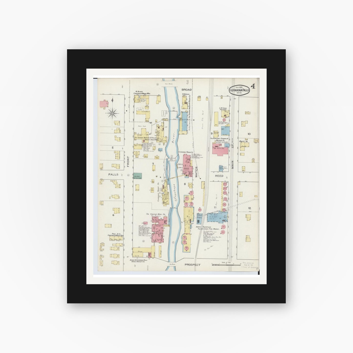 Old map wall art mockup — black gallery frame with white mat — Sanborn Fire Insurance Map from Cuyahoga Falls, Summit County, Ohio (1893), Sheet #0004