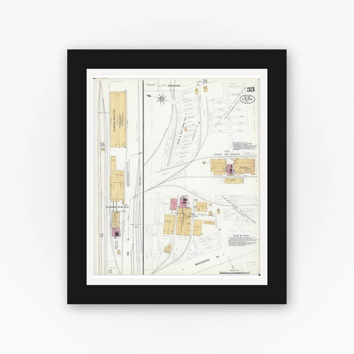 Old map wall art mockup — black gallery frame with white mat — Sanborn Fire Insurance Map from Cairo, Alexander County, Illinois (1907), Sheet #0033