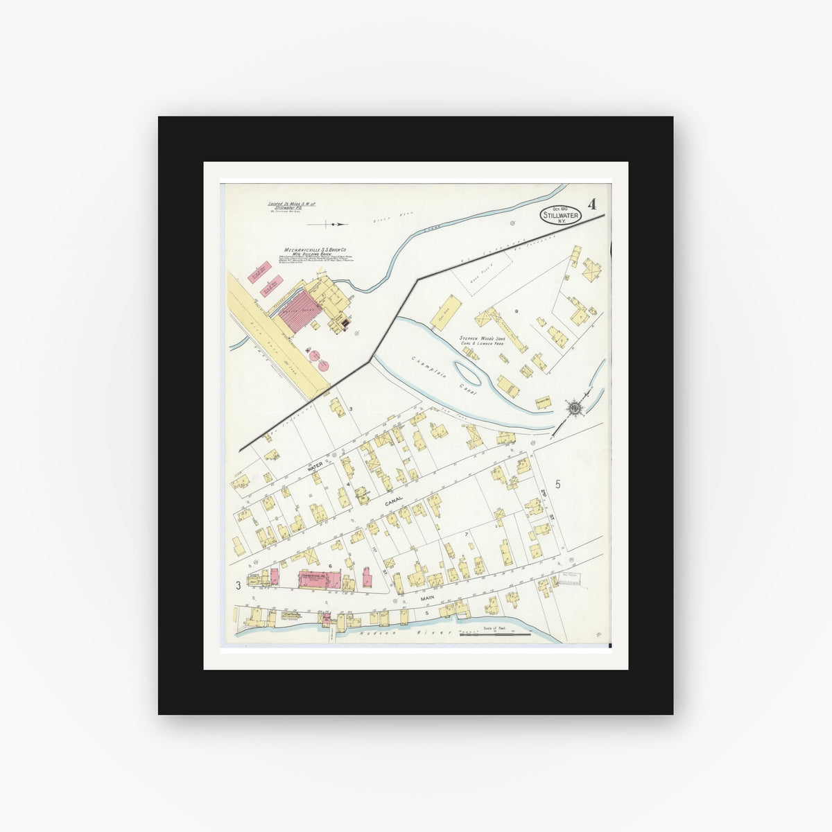 Old map wall art mockup — black gallery frame with white mat — Sanborn Fire Insurance Map from Stillwater, Saratoga County, New York (1910), Sheet #0004
