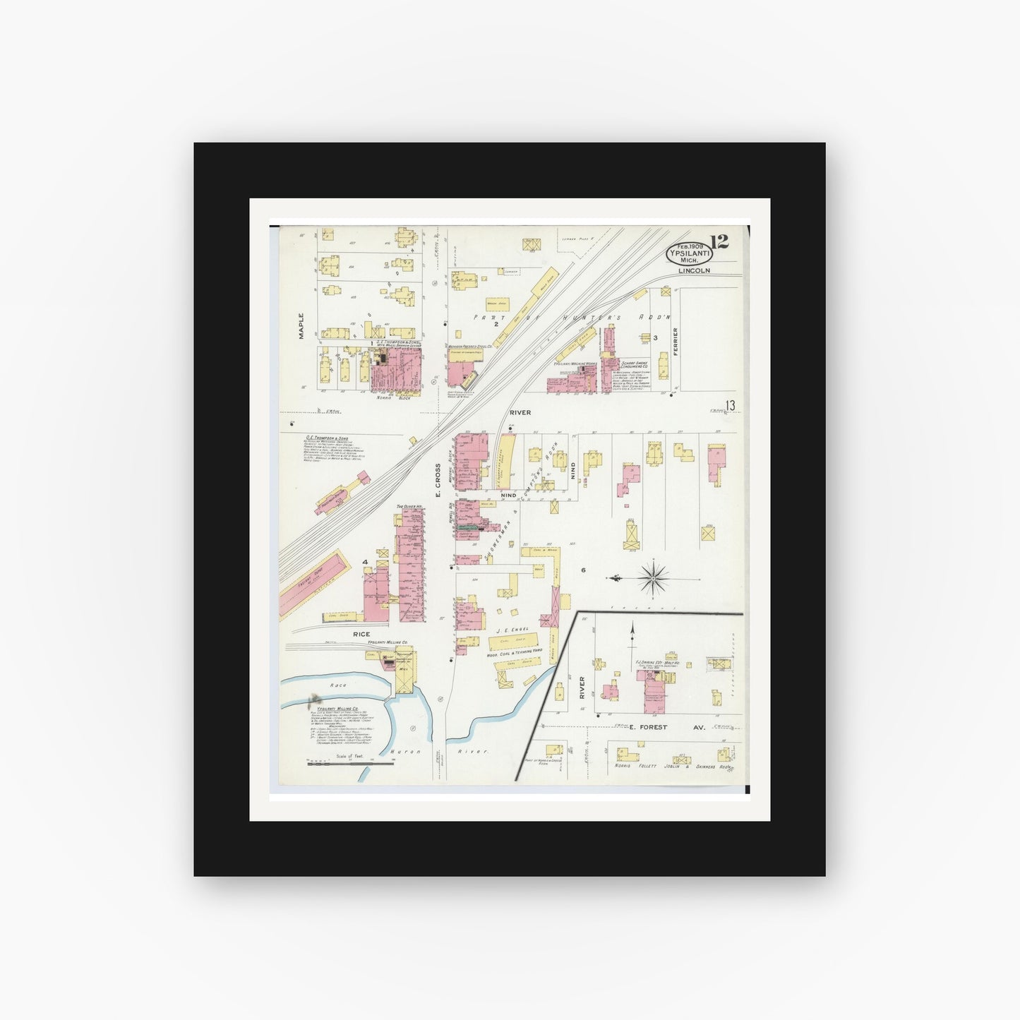 Old map wall art mockup — black gallery frame with white mat — Sanborn Fire Insurance Map from Ypsilanti, Washtenaw County, Michigan (1909), Sheet #0012
