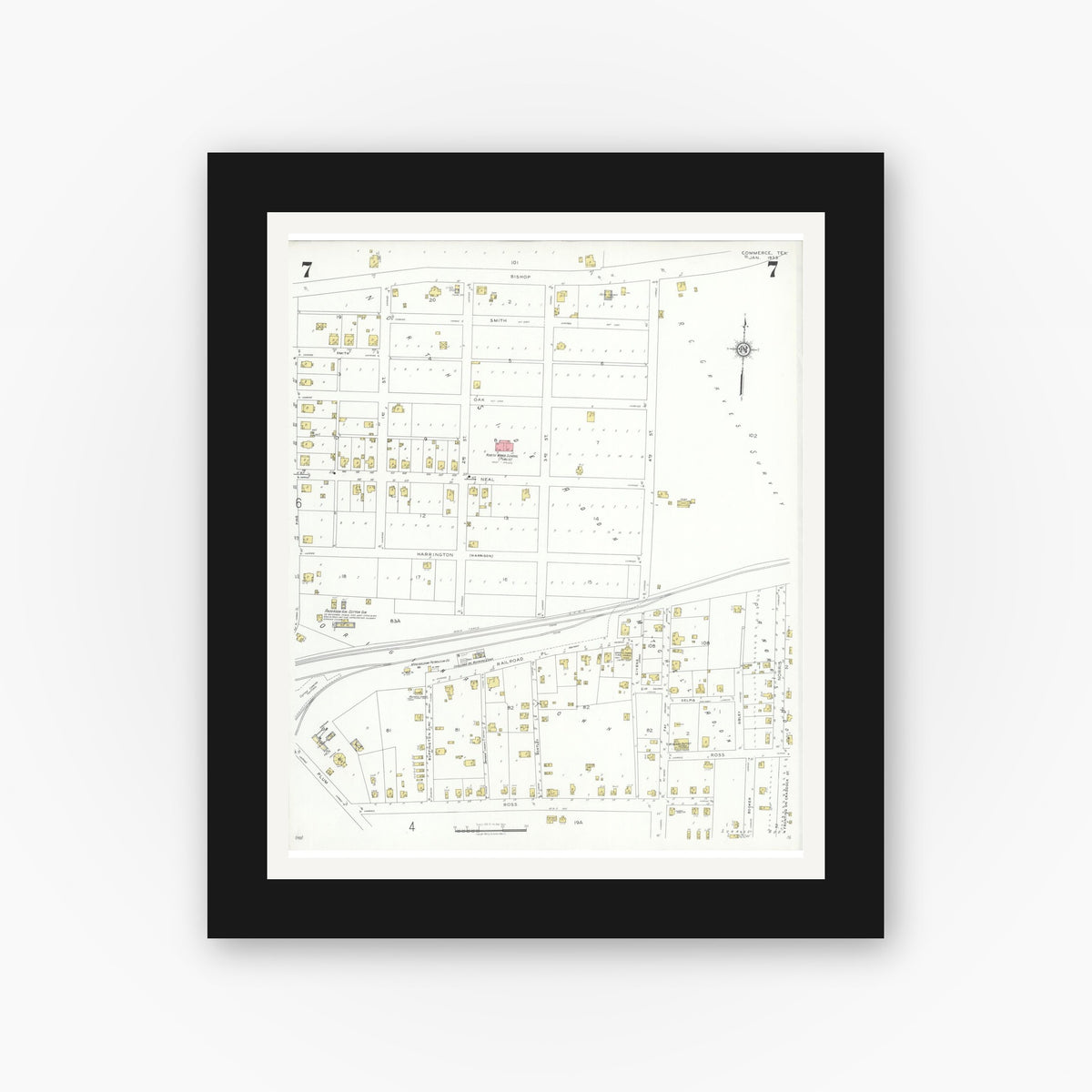 Old map wall art mockup — black gallery frame with white mat — Sanborn Fire Insurance Map from Commerce, Hunt County, Texas (1933), Sheet #0007