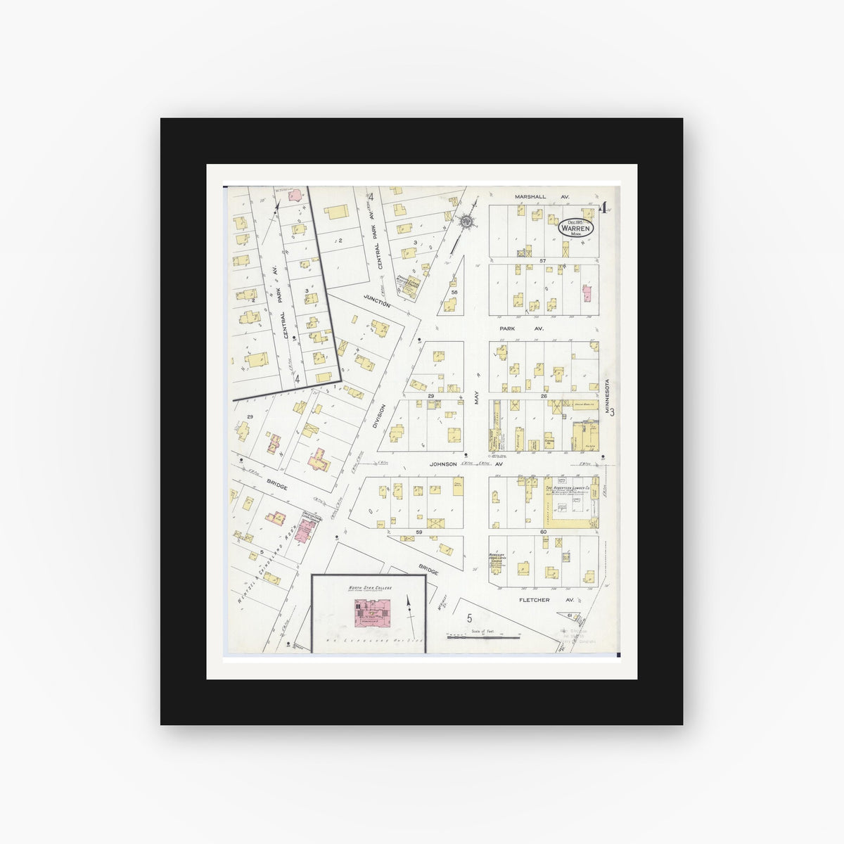 Old map wall art mockup — black gallery frame with white mat — Sanborn Fire Insurance Map from Warren, Marshall County, Minnesota (1915), Sheet #0004