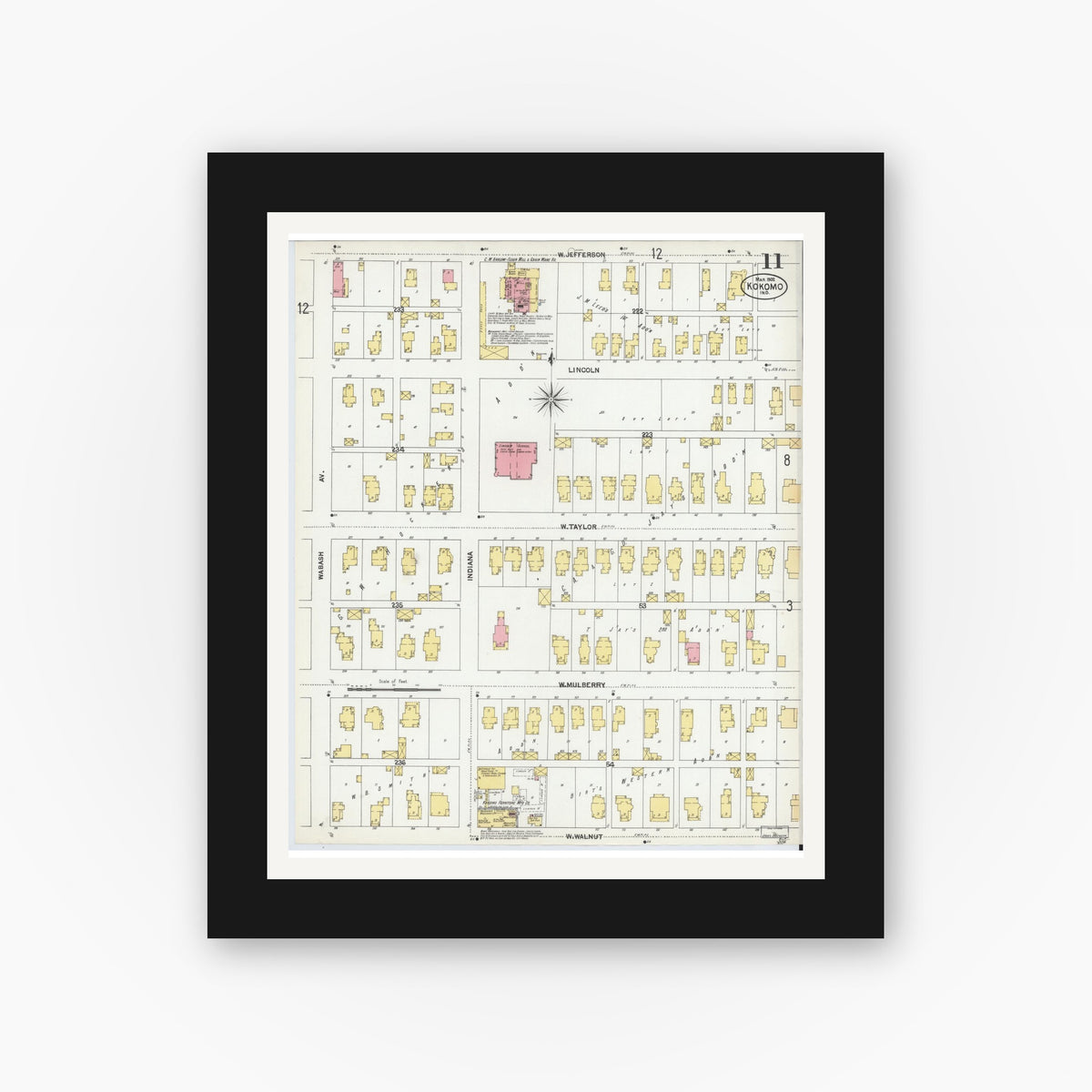 Old map wall art mockup — black gallery frame with white mat — Sanborn Fire Insurance Map from Kokomo, Howard County, Indiana (1902), Sheet #0011
