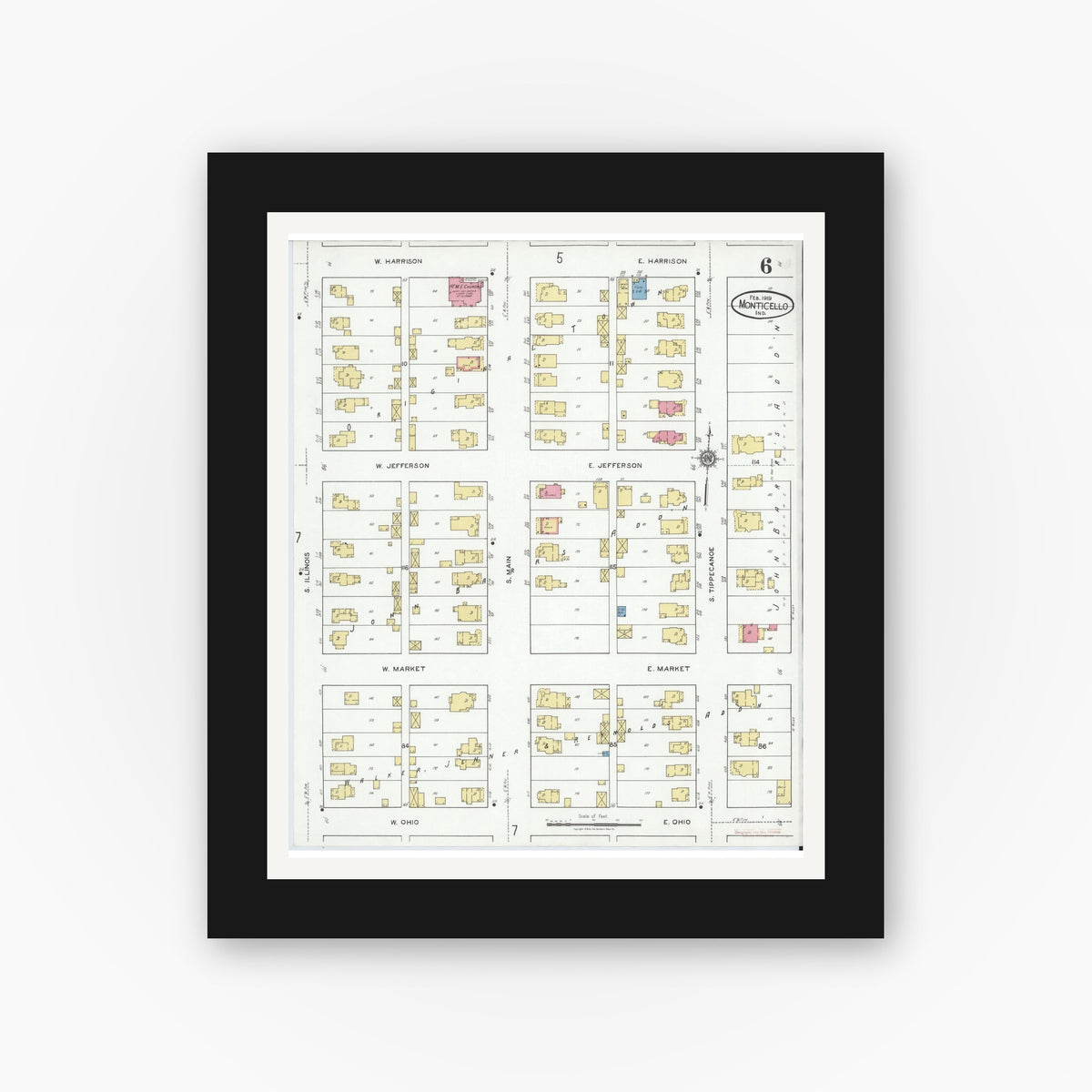 Old map wall art mockup β black gallery frame with white mat β Sanborn Fire Insurance Map from Monticello, White County, Indiana (1919), Sheet #0006