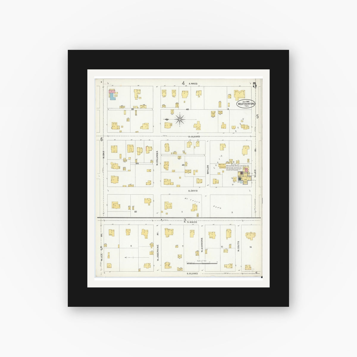 Old map wall art mockup — black gallery frame with white mat — Sanborn Fire Insurance Map from Weatherford, Parker County, Texas (1905), Sheet #0005