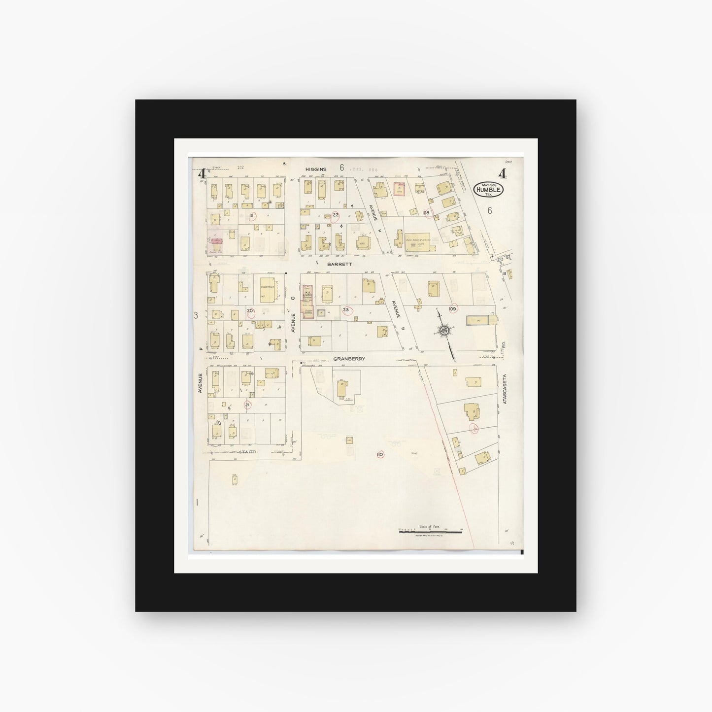 Old map wall art mockup — black gallery frame with white mat — Sanborn Fire Insurance Map from Humble, Harris County, Texas (1940), Sheet #0004