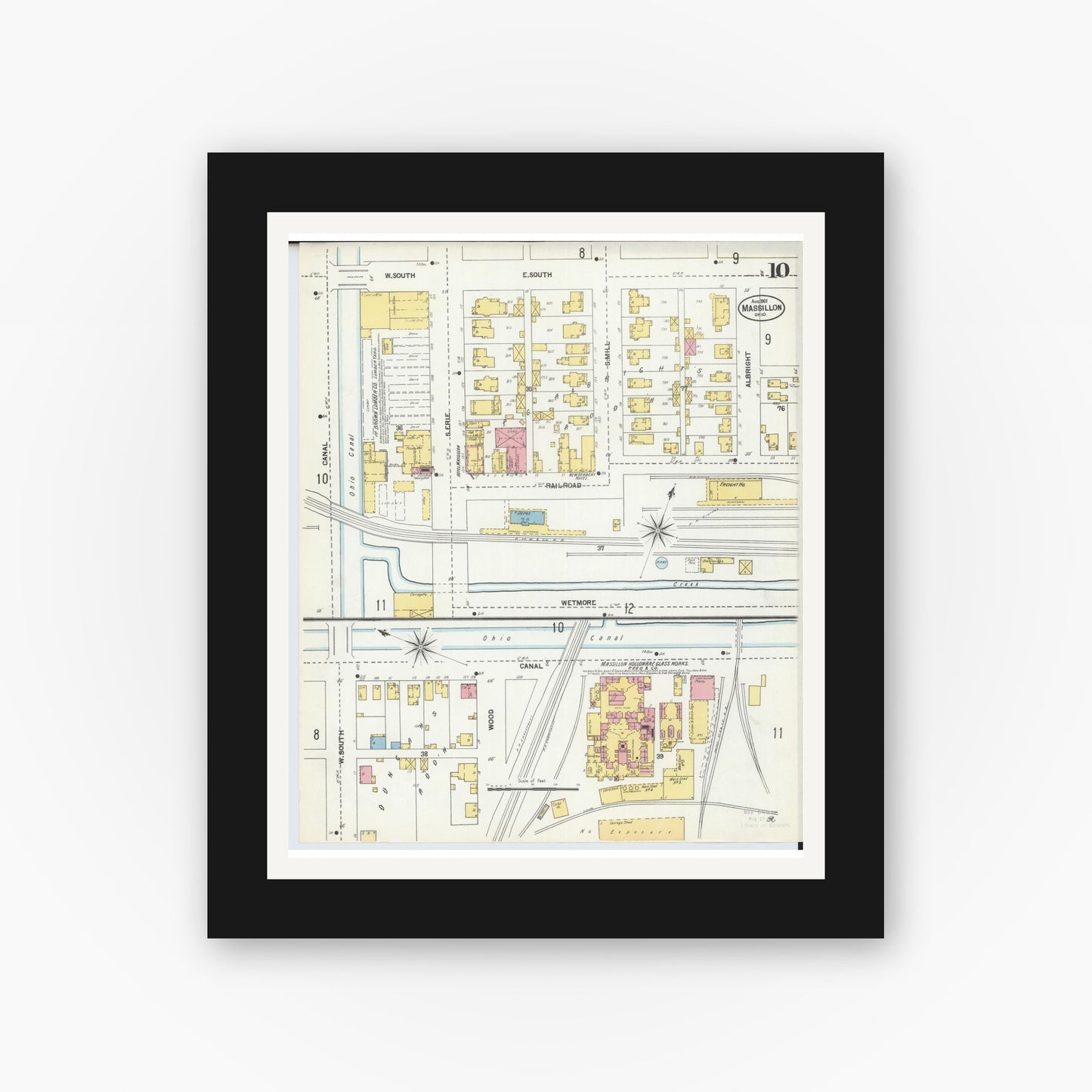 Old map wall art mockup — black gallery frame with white mat — Sanborn Fire Insurance Map from Massillon, Stark County, Ohio (1901), Sheet #0010