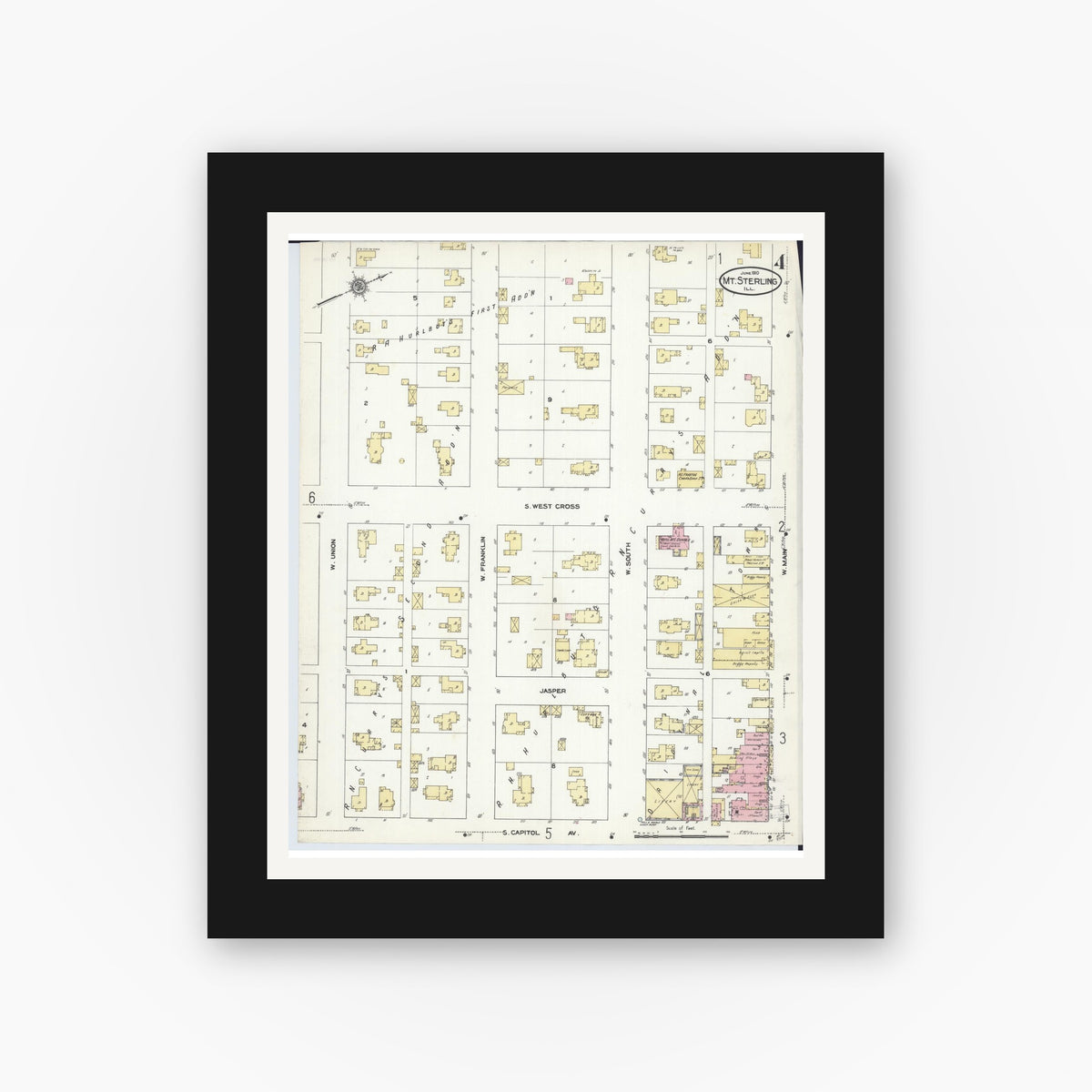 Old map wall art mockup — black gallery frame with white mat — Sanborn Fire Insurance Map from Mount Sterling, Brown County, Illinois (1910), Sheet #0004