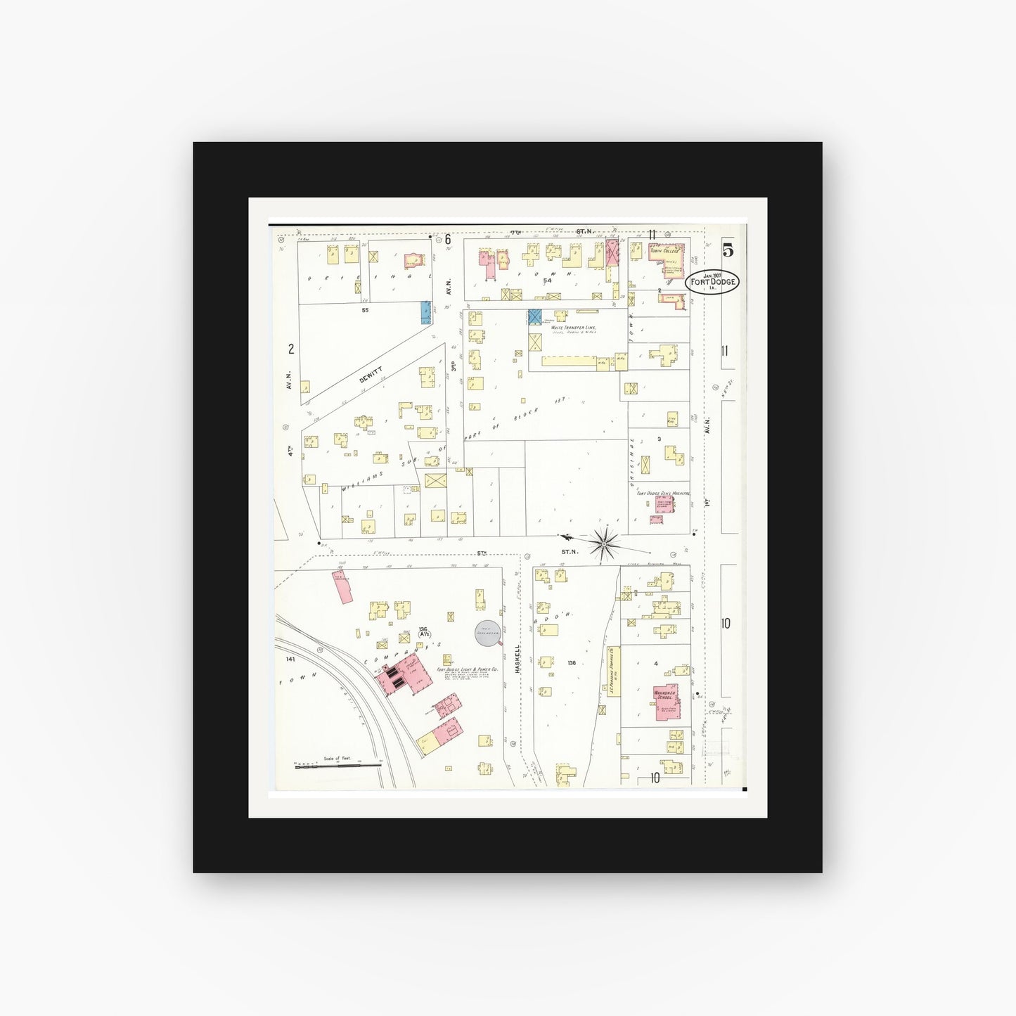 Old map wall art mockup — black gallery frame with white mat — Sanborn Fire Insurance Map from Fort Dodge, Webster County, Iowa (1907), Sheet #0005