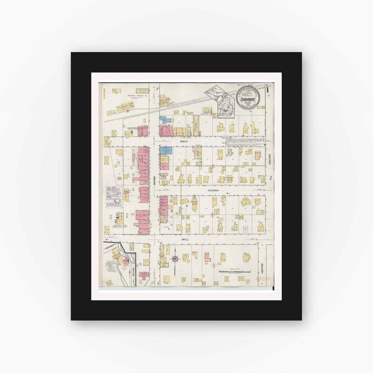 Old map wall art mockup — black gallery frame with white mat — Sanborn Fire Insurance Map from Saranac, Ionia County, Michigan (1918) - Complete Map Set