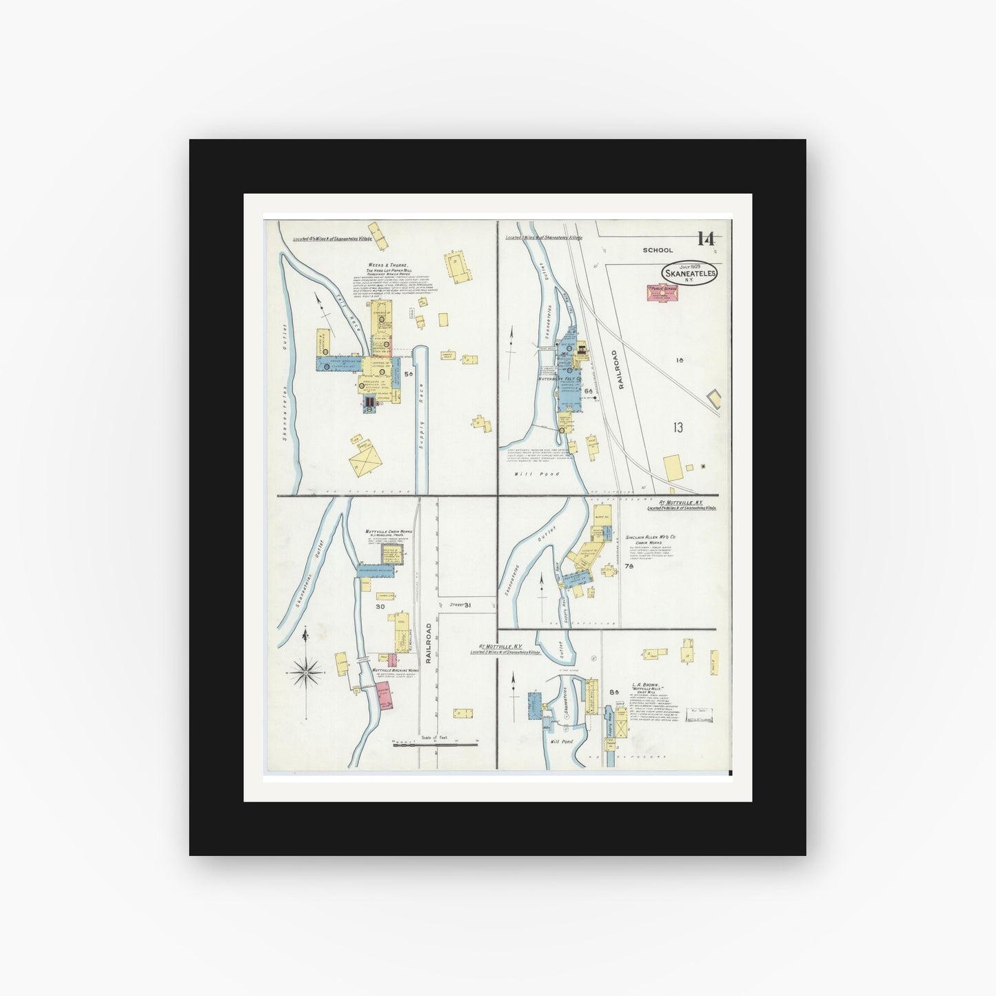 Old map wall art mockup — black gallery frame with white mat — Sanborn Fire Insurance Map from Skaneateles, Onondaga County, New York (1909), Sheet #0014