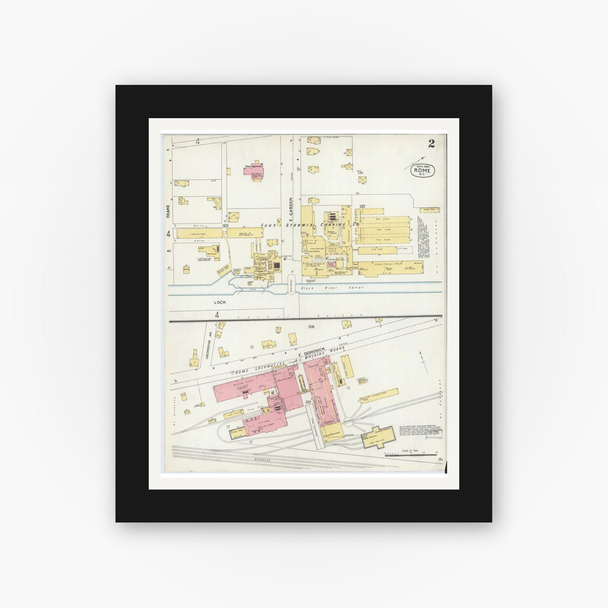 Old map wall art mockup — black gallery frame with white mat — Sanborn Fire Insurance Map from Rome, Oneida County, New York (1904), Sheet #0002