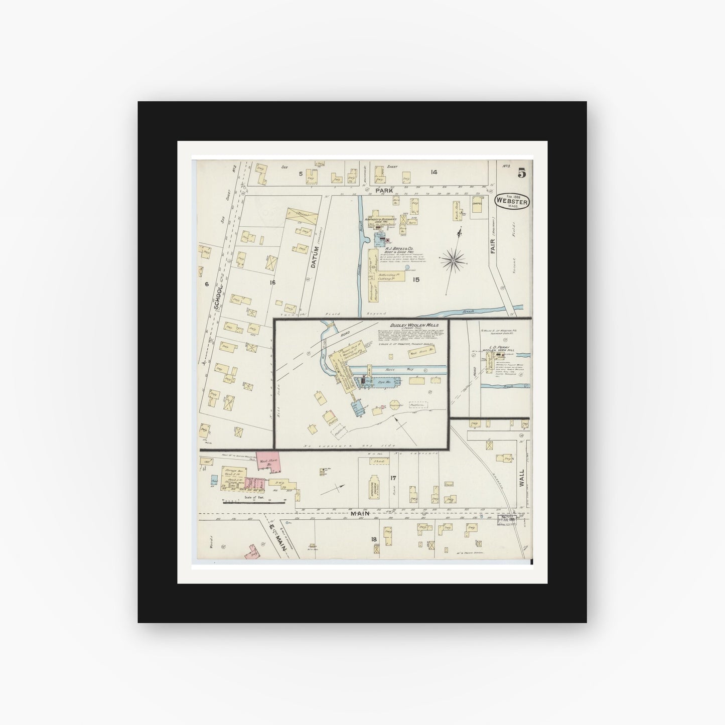 Old map wall art mockup — black gallery frame with white mat — Sanborn Fire Insurance Map from Webster, Worcester County, Massachusetts (1888), Sheet #0005
