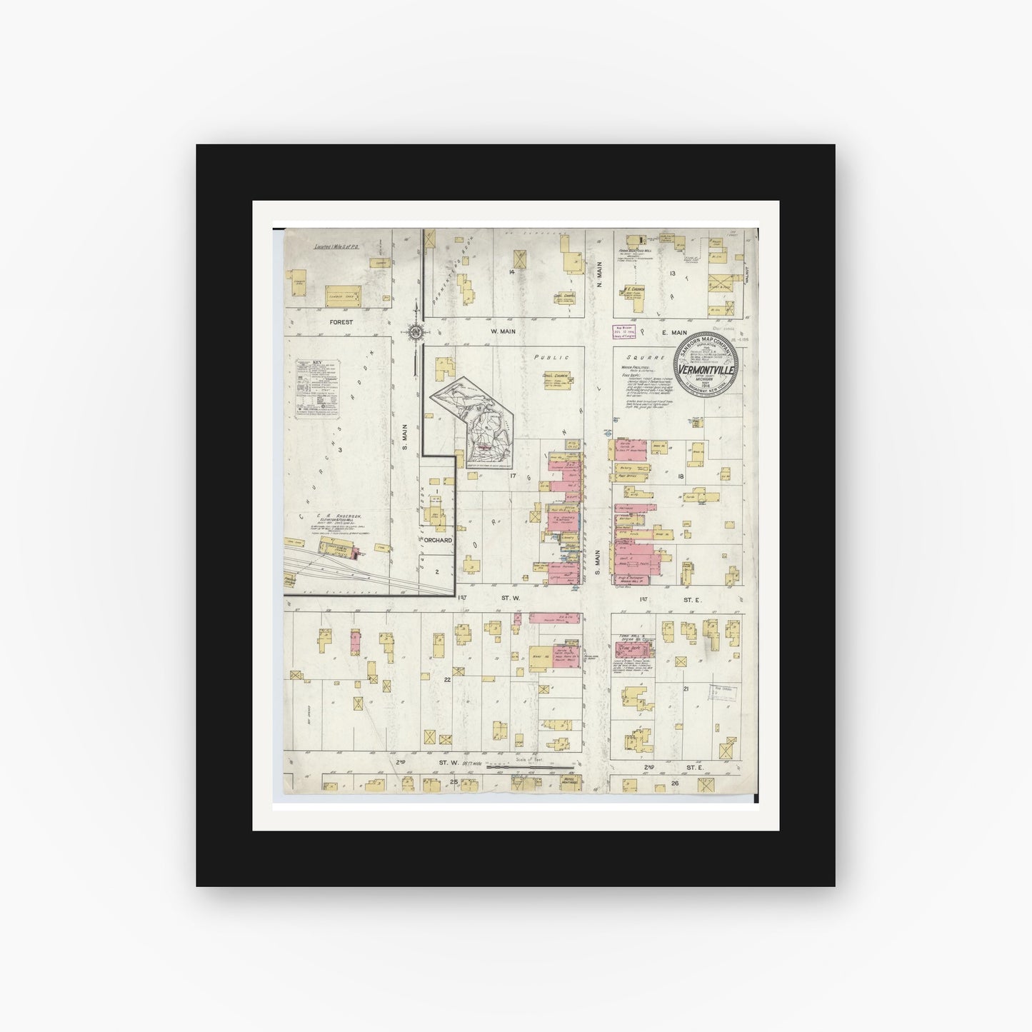 Old map wall art mockup — black gallery frame with white mat — Sanborn Fire Insurance Map from Vermontville, Eaton County, Michigan (1916), Sheet #0001