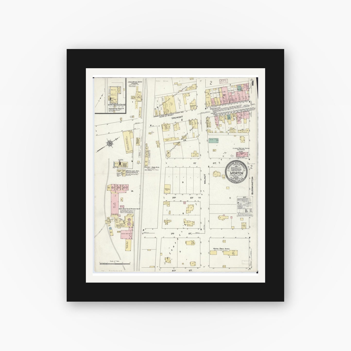 Old map wall art mockup — black gallery frame with white mat — Sanborn Fire Insurance Map from Morton, Tazewell County, Illinois (1910) - Complete Map Set