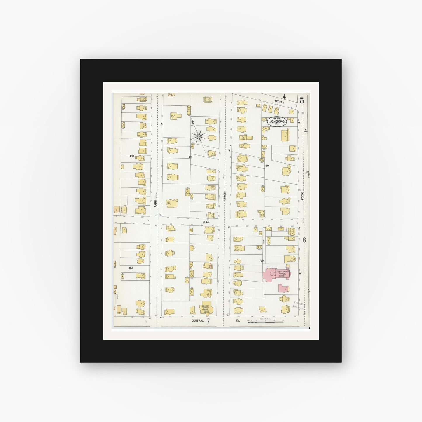Old map wall art mockup — black gallery frame with white mat — Sanborn Fire Insurance Map from Hackensack, Bergen County, New Jersey (1902), Sheet #0005