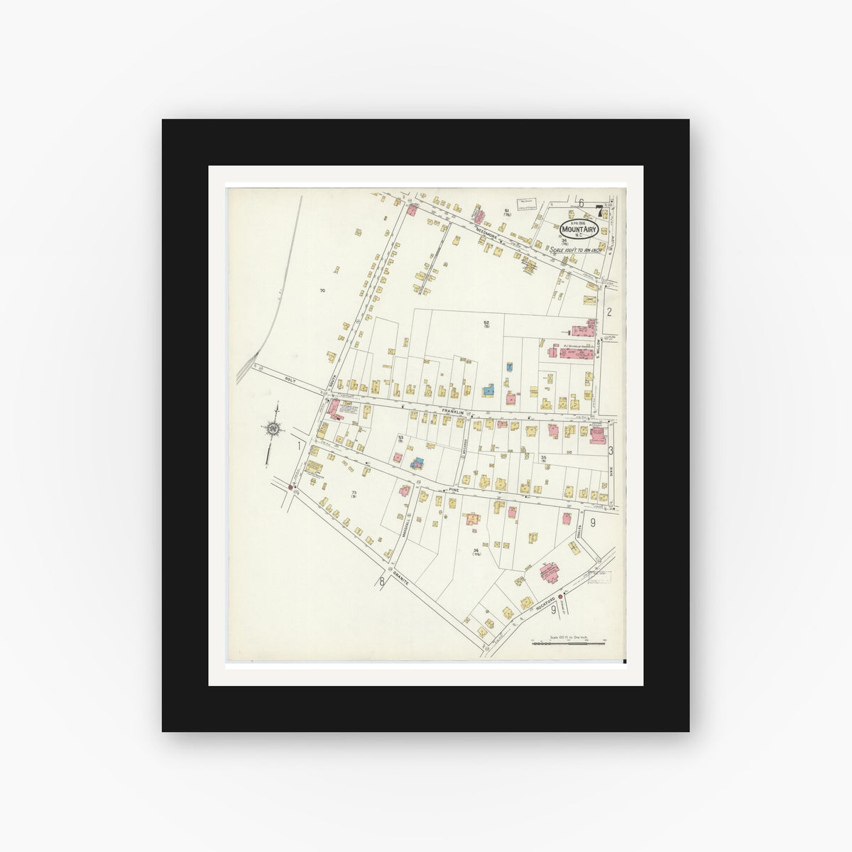 Old map wall art mockup — black gallery frame with white mat — Sanborn Fire Insurance Map from Mount Airy, Surry County, North Carolina (1916), Sheet #0007