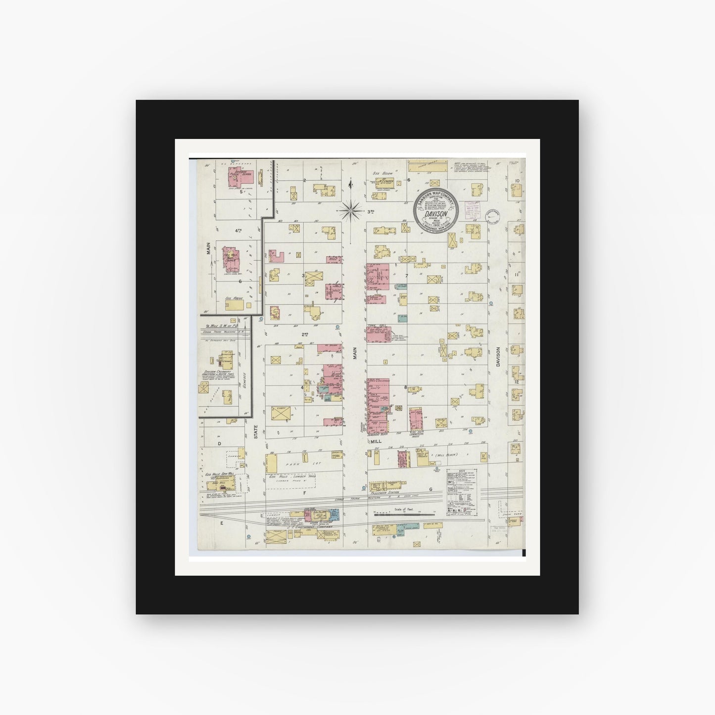 Old map wall art mockup — black gallery frame with white mat — Sanborn Fire Insurance Map from Davison, Genesee County, Michigan (1902), Sheet #0001