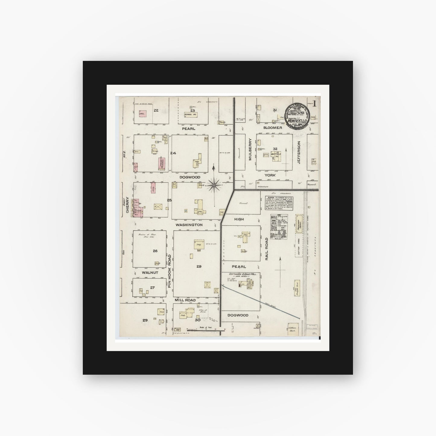 Old map wall art mockup — black gallery frame with white mat — Sanborn Fire Insurance Map from Monticello, Jefferson County, Florida (1884) - Complete Map Set