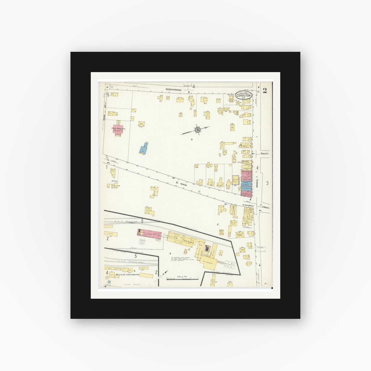 Old map wall art mockup — black gallery frame with white mat — Sanborn Fire Insurance Map from Cohocton, Steuben County, New York (1913), Sheet #0002