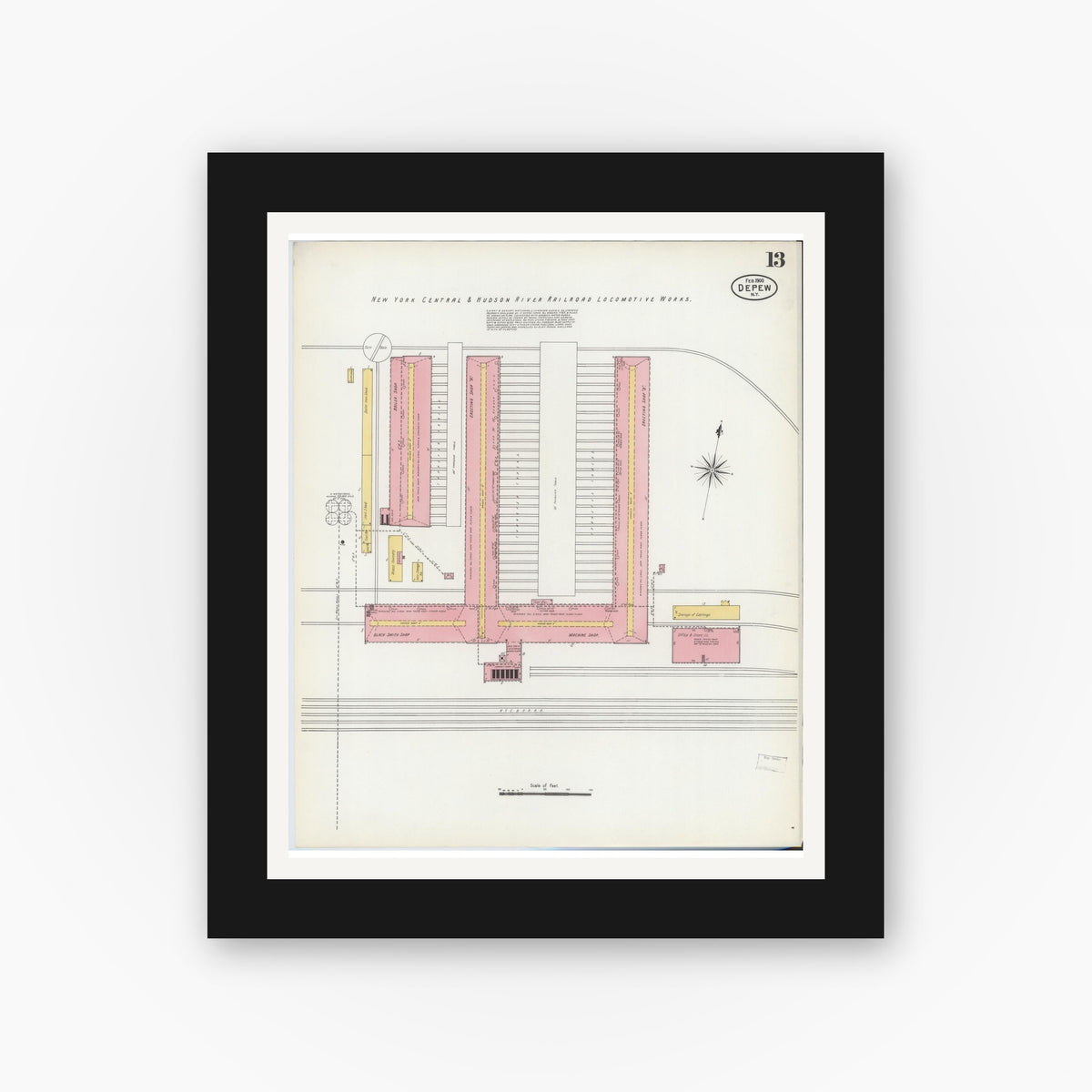 Old map wall art mockup — black gallery frame with white mat — Sanborn Fire Insurance Map from Depew, Erie County, New York (1900), Sheet #0013