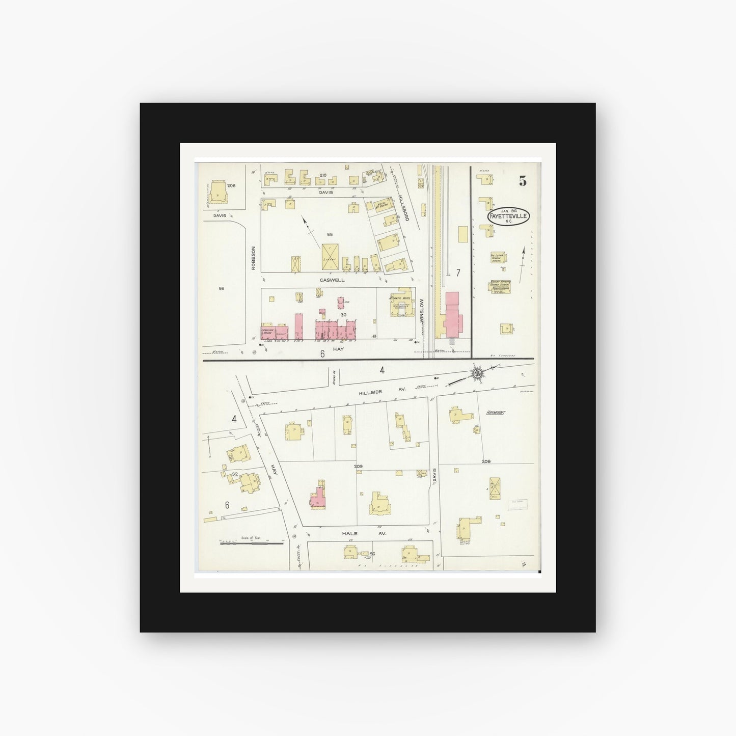 Old map wall art mockup — black gallery frame with white mat — Sanborn Fire Insurance Map from Fayetteville, Cumberland County, North Carolina (1914), Sheet #0005