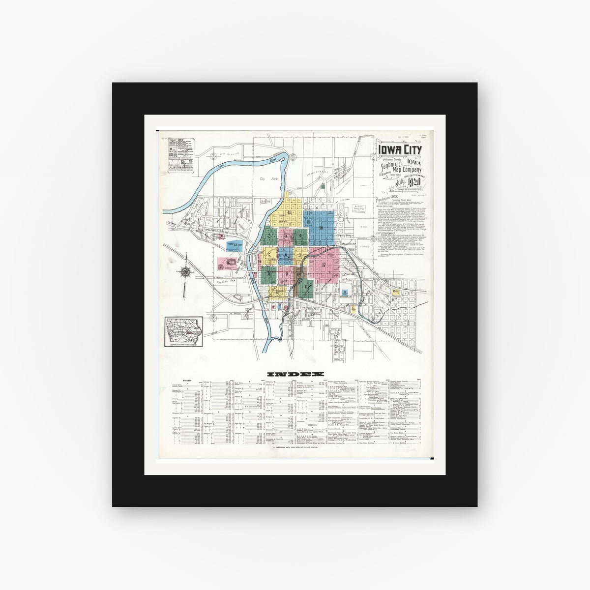 Old map wall art mockup — black gallery frame with white mat — Sanborn Fire Insurance Map from Iowa City, Johnson County, Iowa (1920) — Complete Set