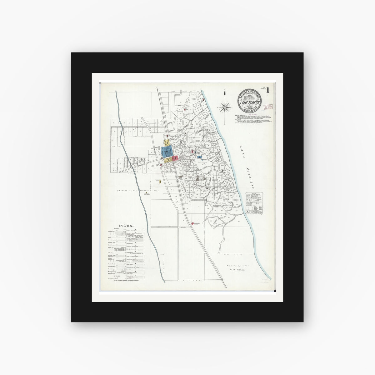 Old map wall art mockup — black gallery frame with white mat — Sanborn Fire Insurance Map from Lake Forest, Lake County, Illinois (1909) - Complete Map Set